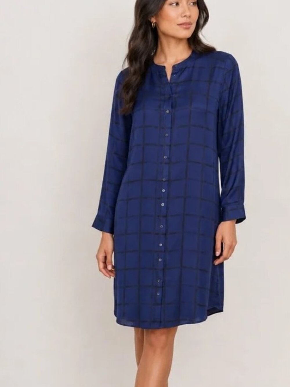 Eileen Fisher Butn-Up Tunic Dress S fit M? Blue Windowpane Check Silk,Back Pleat